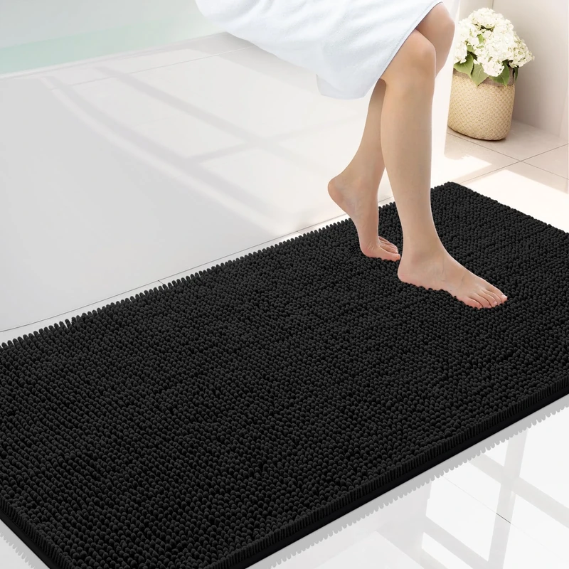 smiry Luxury Chenille Bath Rug 47 x 24 Inches Extra Soft and Absorbent Shaggy Rug Machine Washable Non-Slip Plush Rug for Bathtub, Shower and Bathroom, Black