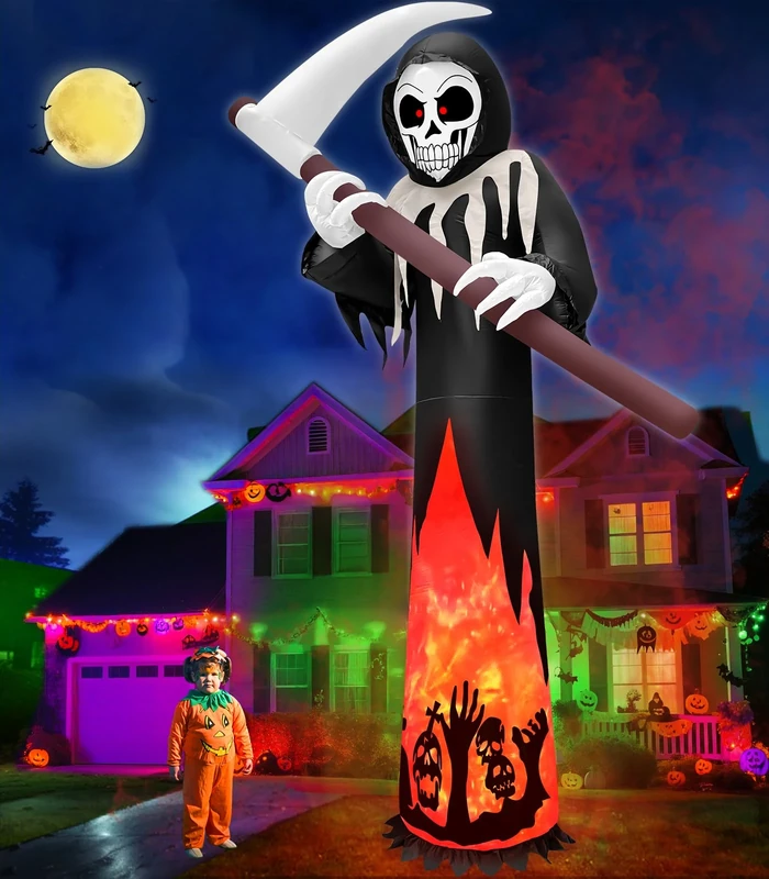 TURNMEON 12 Ft Tall Halloween Inflatables Outdoor Decorations Blow Up Grim Reaper Ghost with Build-in Rotating Flame LED Lights Halloween Inflatables Yard Garden Lawn Home Party Holiday Outside Decor