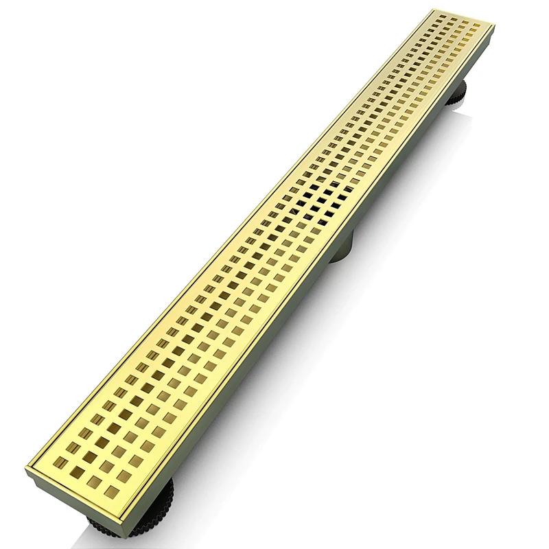 WEBANG 24 Inch Gold Linear Shower Rectangular Floor Trap with Accessories, CUPC Certified SUS304 Stainless Steel Removable Grill, Brushed Gold Brass
