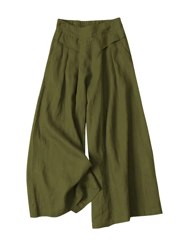 Gihuo Women' s Culottes Linen Blend Wide Leg Pants Elastic Waist Casual Palazzo Trousers with Pockets Capris, Army, XL