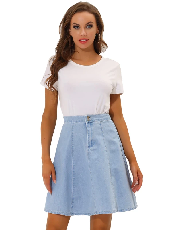 Allegra K Women's High Waisted A-Line Flared Casual Denim Skirt, Sky Blue, S