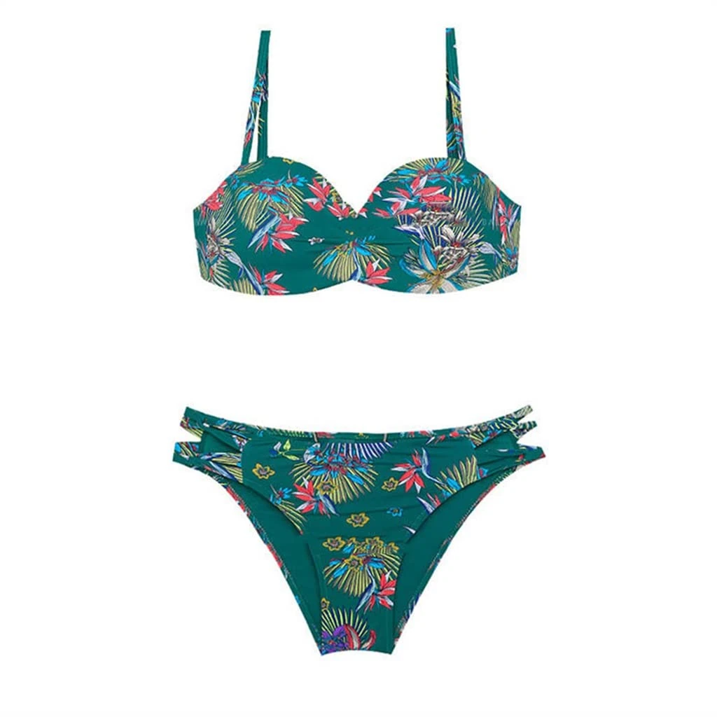 FGHSD bikini sexy slim steel support gathered trendy printing split triangle hot spring swimsuit (Color : Green, Size : L code) (Green XL code) (Green M)