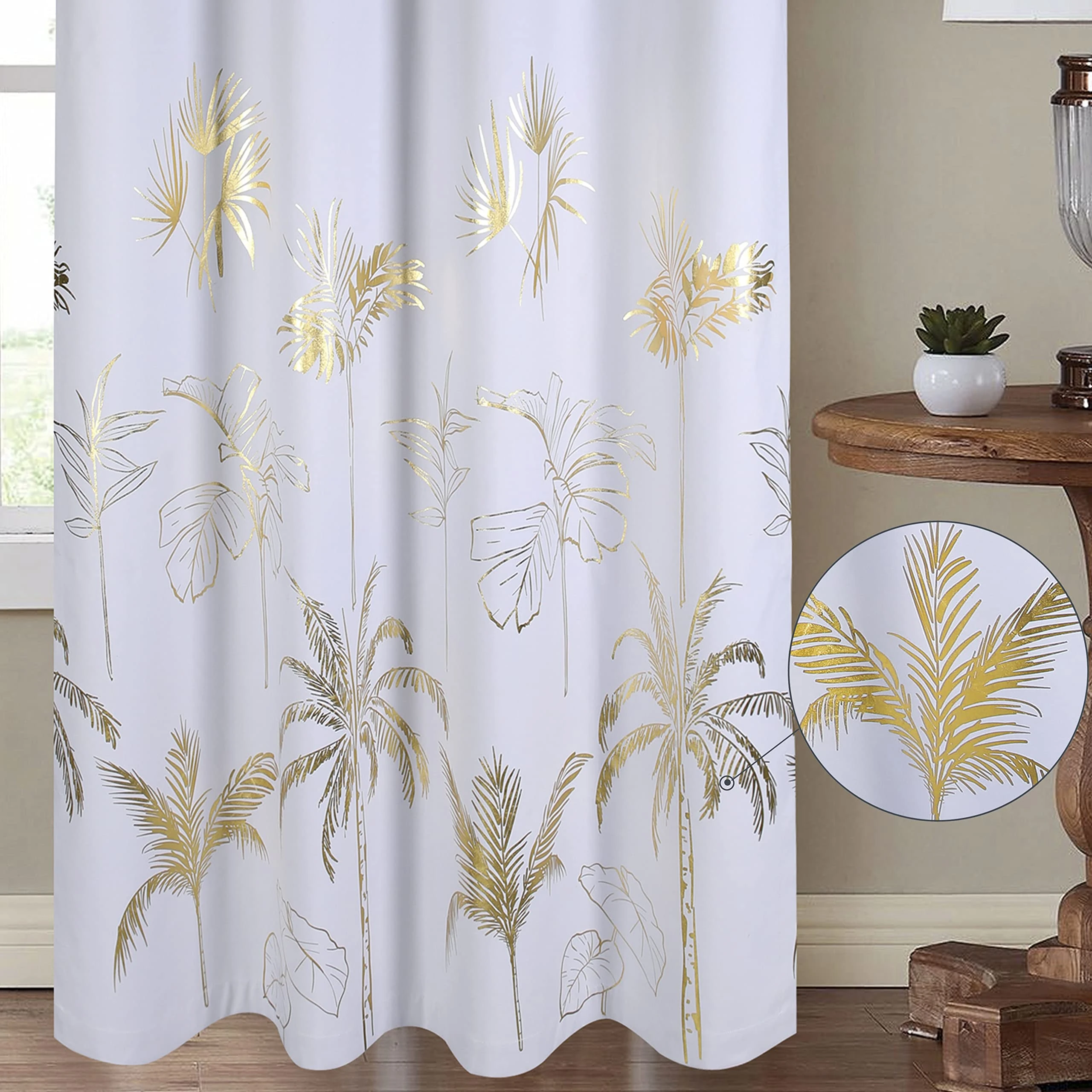Chlophy Gold Blackout Curtains White Foil Printed Palm Leaves Trees Luxury Eyelet 46×54 Short Bedroom Thermal Tropical Total Room Darkening Metallic Window Curtain Living Room 2 Panels