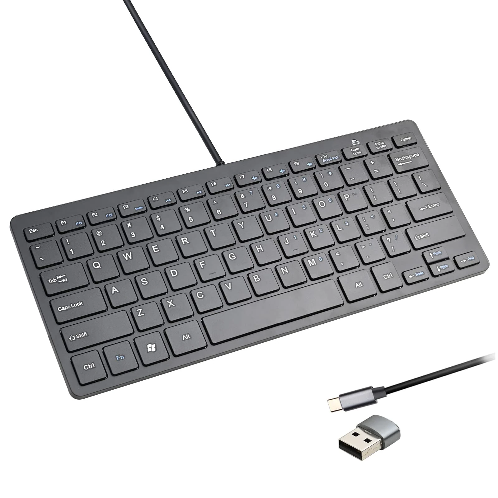 Powboro USB C Mini Keyboard Compact Small Slim Wired Keyboard USB-C Connection,Ultra Thin Design 78 Scissor Keys for Andriod, Computer, Laptop, PC,Desktop (Black)