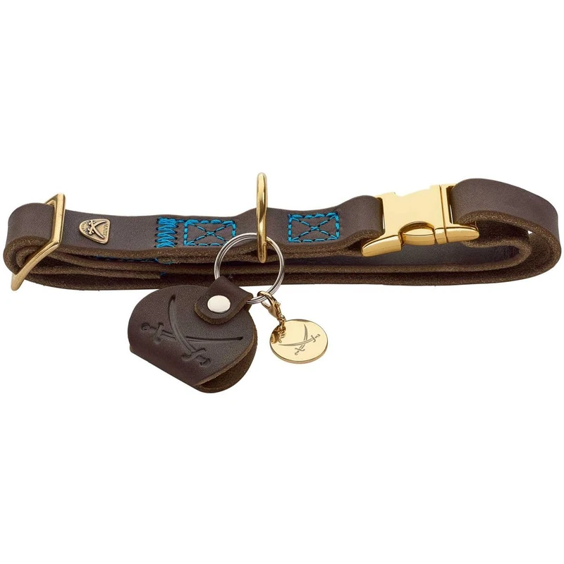 HUNTER Sansibar Dog Collar Colour: Dark Brown, Elegant Cowhide Leather, Maritime Details, Blue Decorative Stitching, Brass-Coloured Fittings, Fully Adjustable, Stylish and Robust, Made in Germany