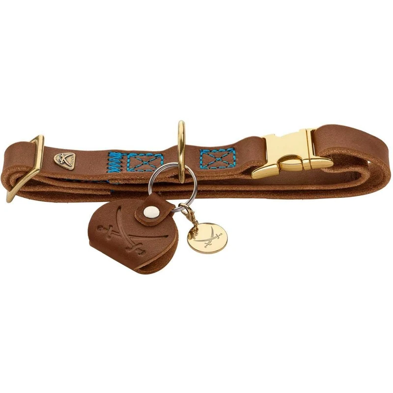 HUNTER Sansibar Dog Collar Colour: Cognac, Elegant Cowhide Leather, Maritime Details, Blue Decorative Stitching, Brass-Coloured Fittings, Fully Adjustable, Stylish and Robust, Made in Germany, Size: L