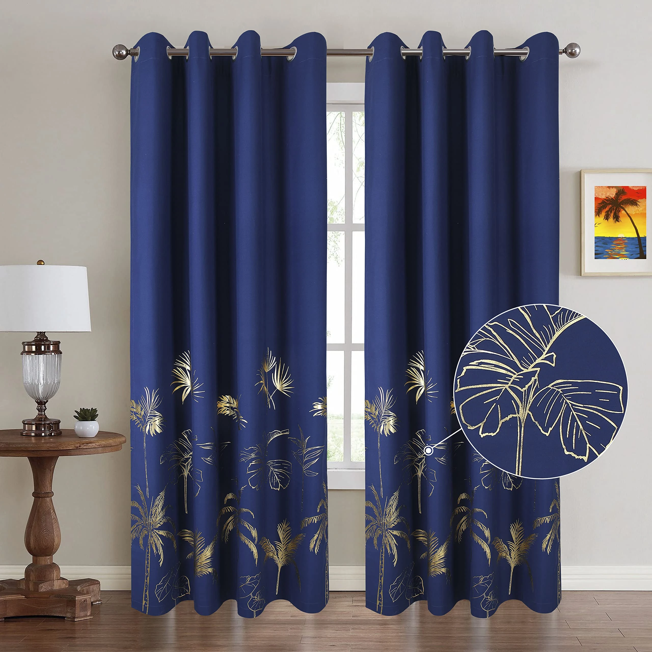 Royal Blue Blackout Curtains for Bedroom Gold Foil Printed Palm Bedroom Living Room Leaves Navy Blue Trees Luxury Tropical Eyelet 66×72 Thermal 100% Total Room Darkening Window Curtain 2 Panels