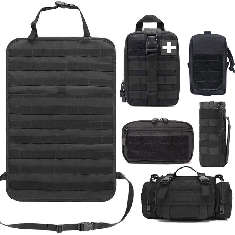 Molle Seat Back Organizer,Universal Tactical Car Back Seat Organizer Bag Vehicle Organizers Panel Protector Organizers with 5 Detachable Pouches for Car Truck Jeep Vehicle (Black) - Image 1