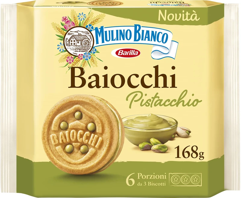 Mulino Bianco Baiocchi Pistachio Biscuits, Pistachio Pastry Ideal for Breakfast or Snack, Palm Oil Free, 6 Servings of 3 Biscuits, 168.0 grams, 168.0 gram