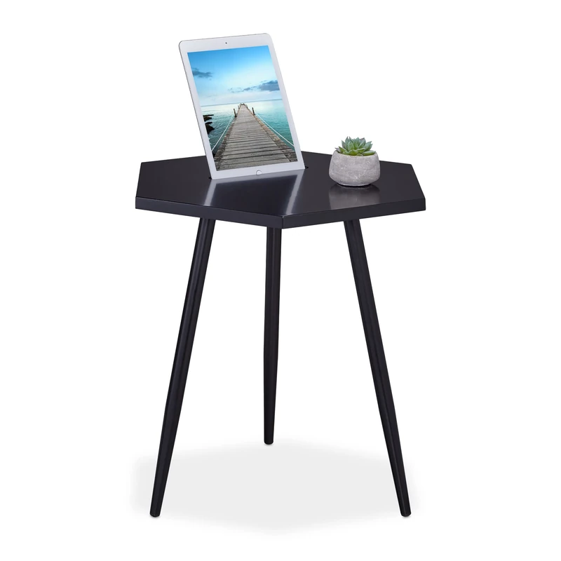Relaxdays Side Table, H x W x D: approx. 54.5 x 44.5 x 29.5 cm, Tablet Holder, Metal, Black, Fibreboard