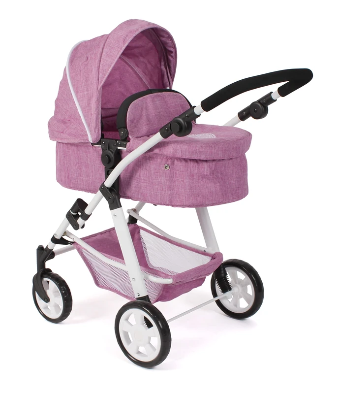 Bayer Chic 2000 - Nele Doll's Pram, 2-in-1 Combination Doll Pram for Children from 3 to 8 Years, Doll Pram with Convertible Baby Carrycot for Dolls up to 50 cm Size, Jeans Pink