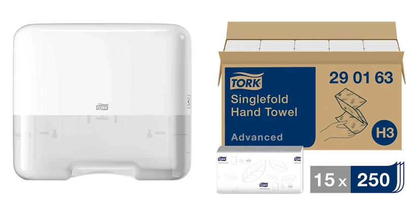 Tork Singlefold/C-Fold Mini Hand Towel Dispenser 553100 - H3 Paper Towel Dispenser - Slim, White + Tork Singlefold Paper Hand Towels 290163 - 2-Ply, White - 15 x 250 Sheets