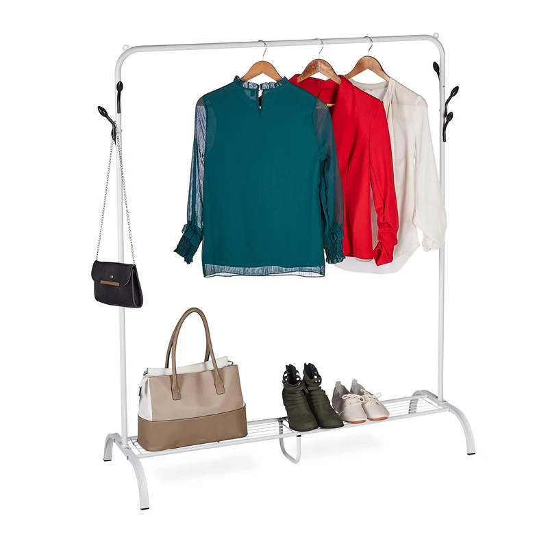Relaxdays Coat Rack Metal, Shoe & Bag Shelf, 6 Hooks, Clothes Rail Bedroom, HWD: 145 x 132 x 44 cm, Free Standing, White, Steel