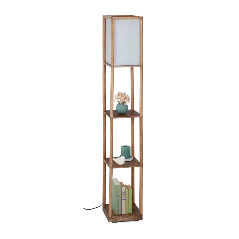 Relaxdays Floor Lamp with 3 Shelves, Modern Design, HLP 159x26x26 cm, E27, Self-Supporting Floor Lamp, Brown Grey
