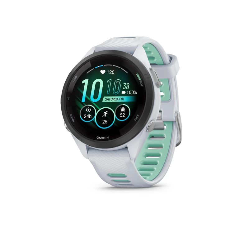 Garmin Forerunner 265S GPS 42mm Running Smartwatch, AMOLED Touchscreen, Advanced Training & Insights, Training & HRV Status, Safety & Tracking Features, Music, up to 15 days Battery Life, Whitestone