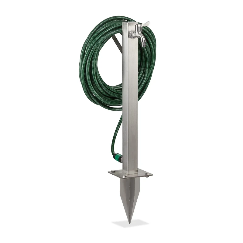 Relaxdays Water Tap, with Ground Spike & Hose Holder, HxWxD: 66 x 30 x 15 cm, Garden, Angular, Stainless Steel, Silver