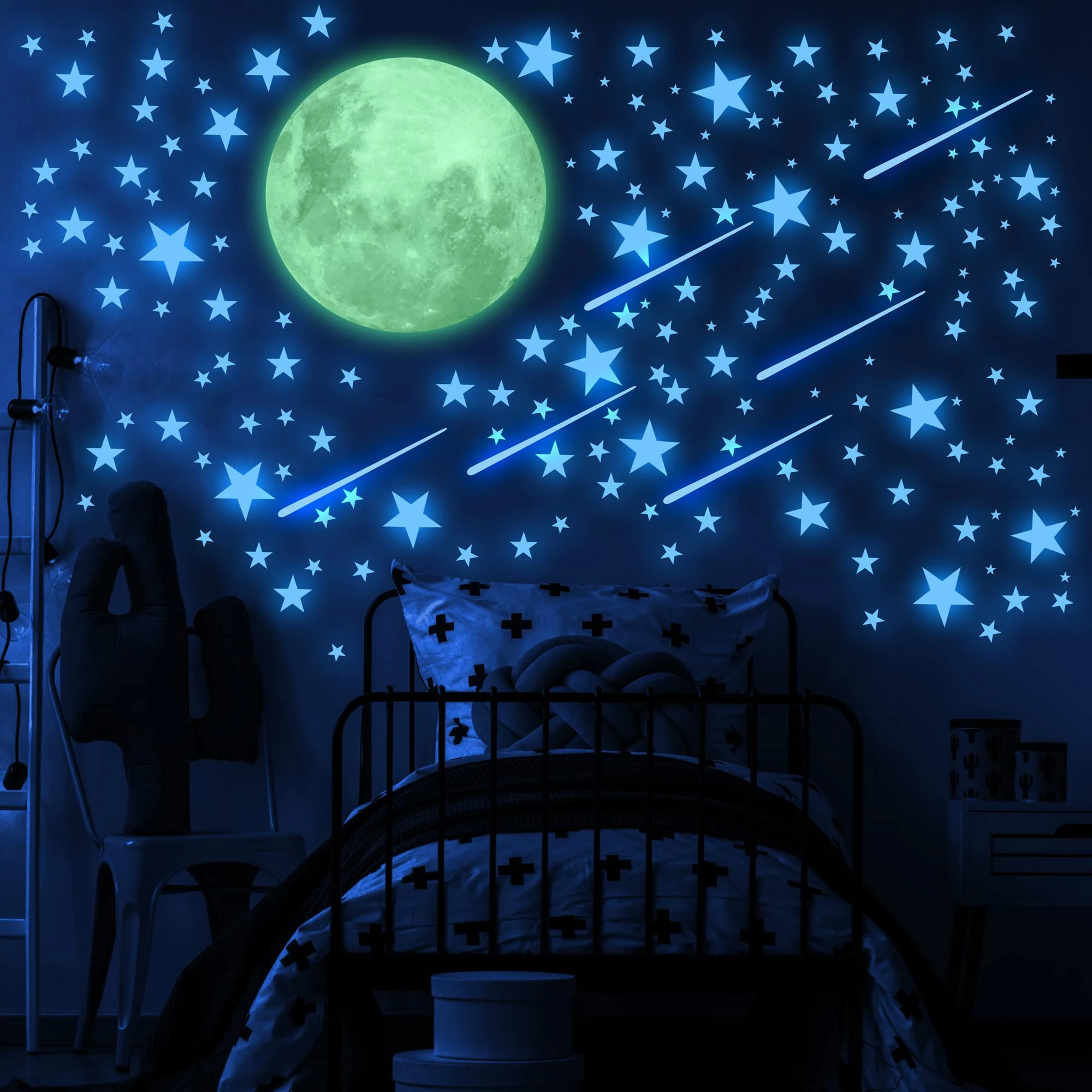 LIDERSTAR Glow in The Dark Stars and Moon for Ceiling, Luminous Stars and Moon Wall Decal, Blue