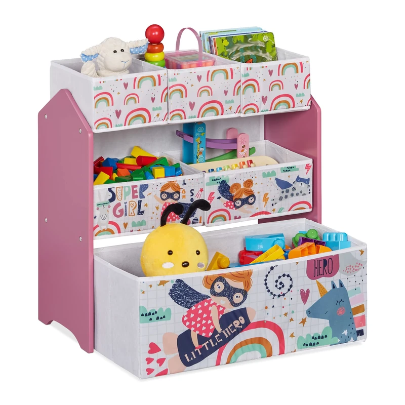 Relaxdays Children's Shelf with 6 Boxes, HWD: 66 x 63 x 30 cm, Cute Toy Storage with Supergirl motif, Colourful, Fibreboard