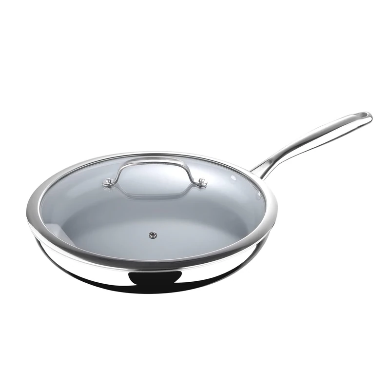 MasterPro - Frying Pan 30cm - Argent 3 Induction Stainless Steel Pan with Glass Lid, Professional Quality, Tri-Ply Multilayer for Improved Heat Retention & Distribution - Ovenproof - Black