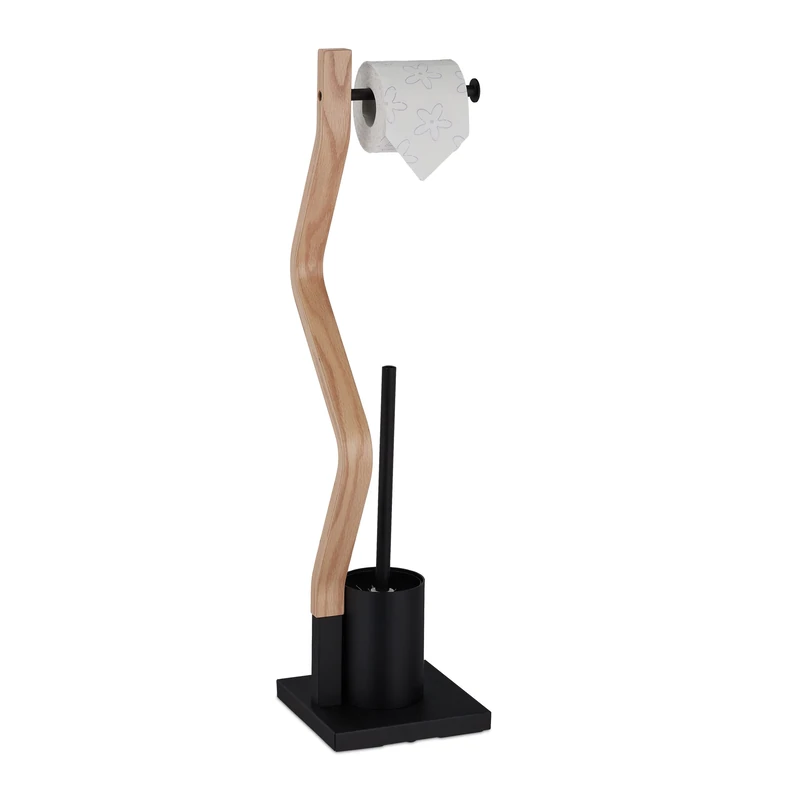 Relaxdays WC Accessories Set, Standing Toilet Paper Holder, Replaceable Brush & Holder, 75x18.5x18.5cm, Black/natural