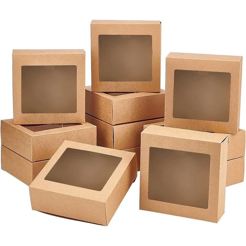 BENECREAT 16 Packs 14x14x5cm Clear PVC Square Window Gift Boxes, Brown Kraft Paper Present Boxes for Wedding Gift, Chocolates, Cookies and Other Small Crafts