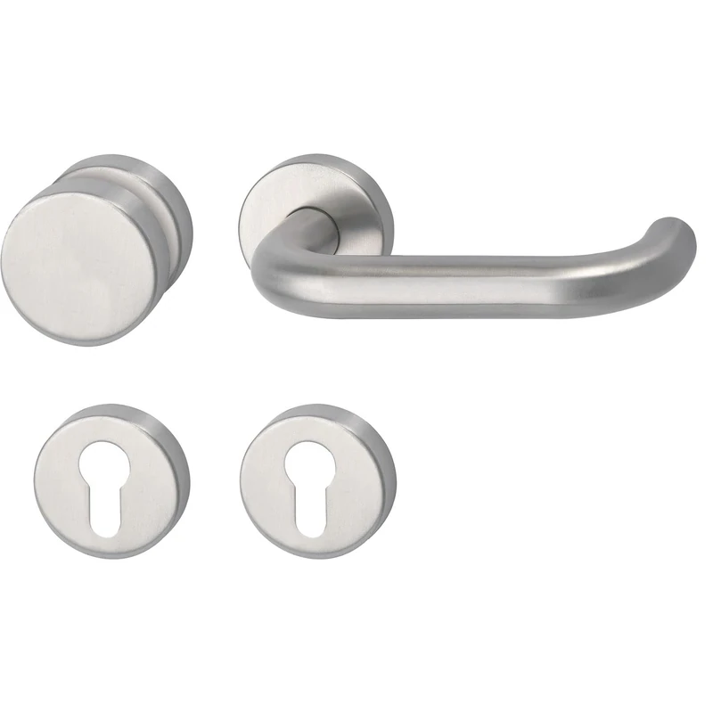 MARCHESI Harmonie Door Handle Set U-Shape + Knob Fixed on Round Rosette PZ, Right for Door Thickness 40-45 mm ÖNORM, Matte Stainless Steel