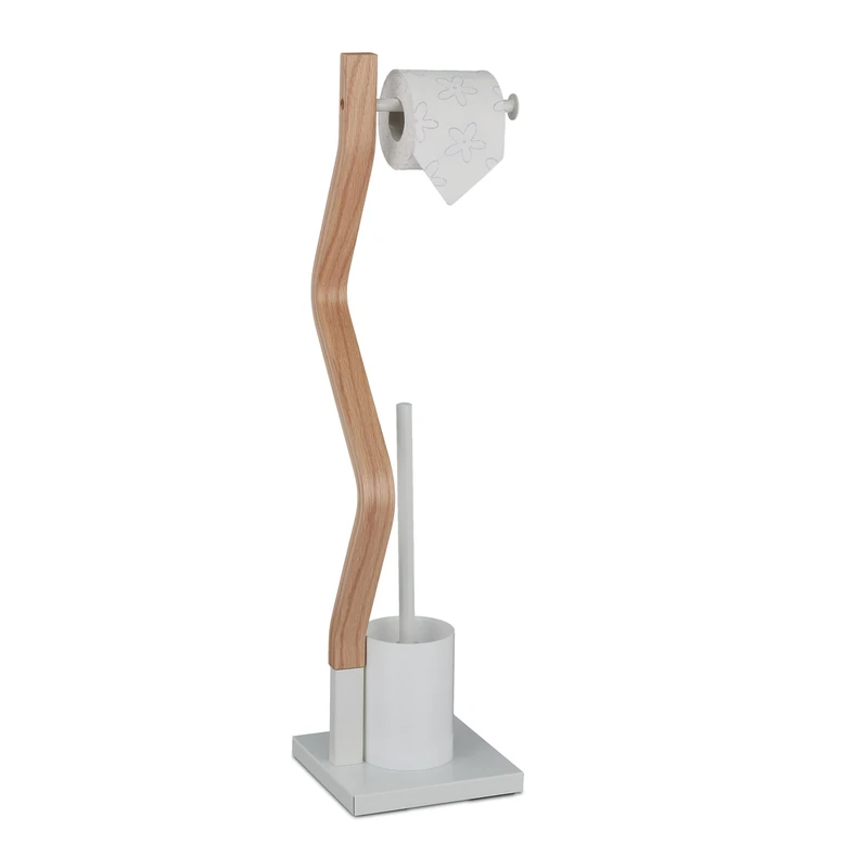 Relaxdays WC Accessories Set, Standing Toilet Paper, Replaceable Brush & Holder, 75x18.5x18.5cm, White/natural, Steel