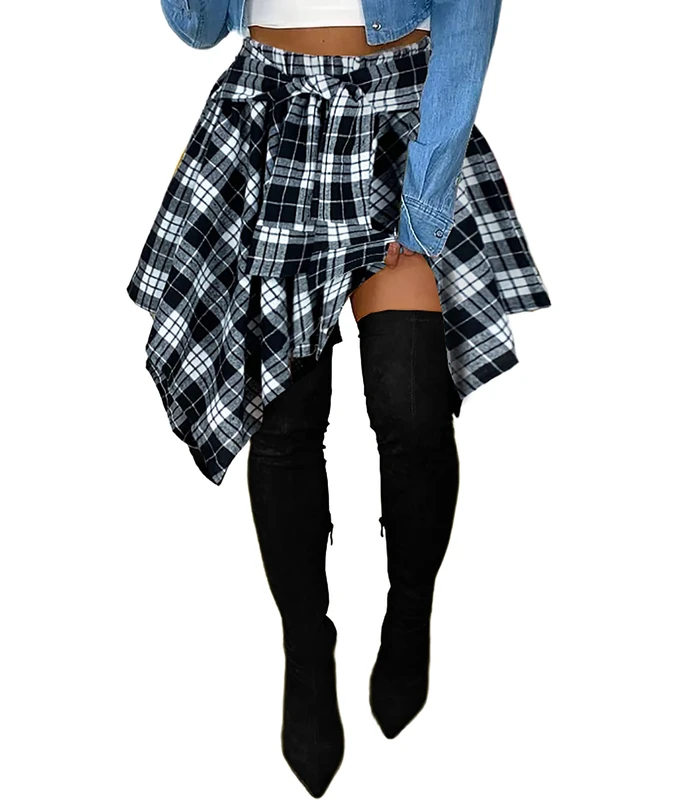 Women's Plaid Skirts High Waisted Knot Front Asymmetrical Hem Mini Skater Skirt, Black White, X-Large - Image 1