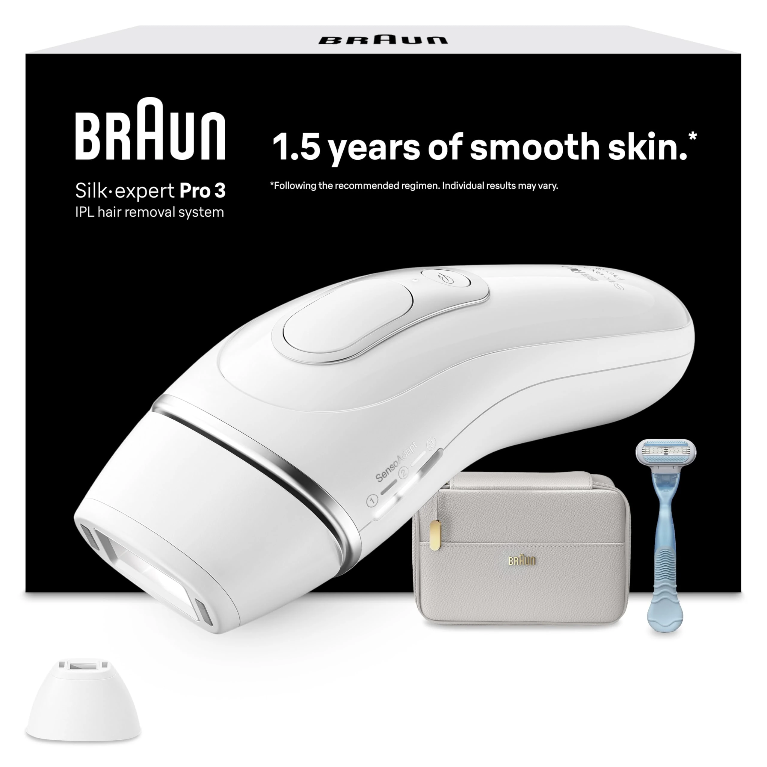 Braun IPL Silk·Expert Pro 3 At Home Hair Removal Device, Alternative For Laser Hair Removal, Includes Pouch, Venus Razor, Precision Head, 1 Year Of Smooth Skin, Gift For Women, White/Silver, PL3121