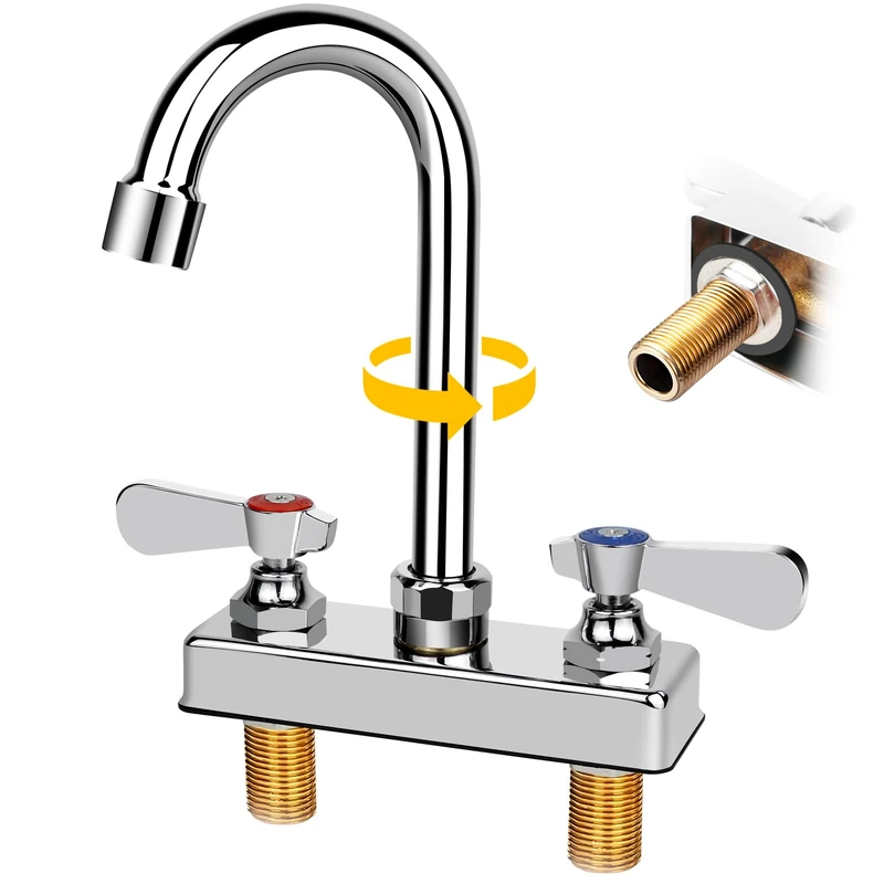ZKDAUSDO Commercial Bar Sink Faucet 4 Inch Center Deck Mount, 3-1/2" Gooseneck Swivel Spout Hand Sink Faucet, 2 Hole Brass Constructed & Chrome Polished with Dual Lever Handles - Image 1