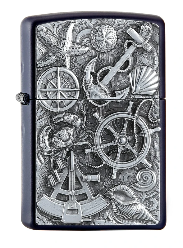 Zippo Windproof Lighter, 3D Nautical Motif – Matt Navy Blue with Emblem – Refillable, Reusable, Windproof Design – Comes in Gift Box – Made in USA