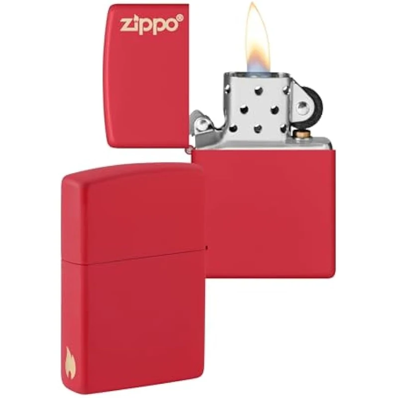 Zippo Windproof Lighter - Logo & Flame Design - Red Matte - Refillable - Reusable - Windproof - Gift Box - Metal - Made in USA - Amazon Exclusive - Image 1