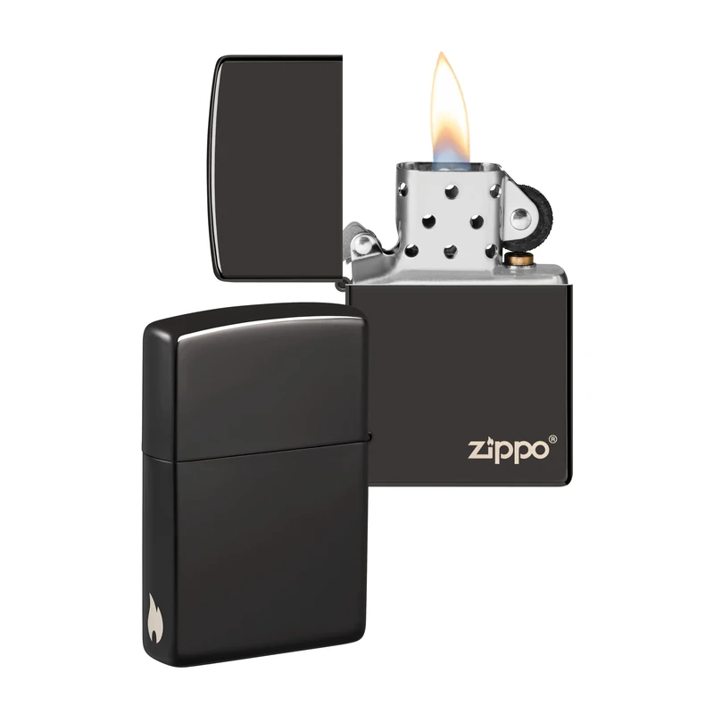 Zippo Windproof Lighter - Logo & Flame Design - High Polish Black - Refillable - Reusable - Windproof - Gift Box - Metal - Made in USA - Amazon Exclusive