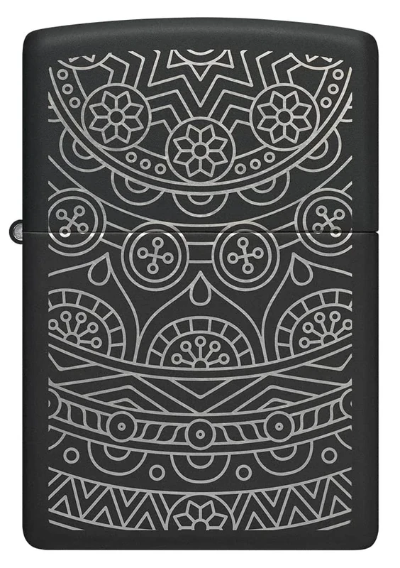 Zippo Windproof Lighter - Silver Ornate Pattern - Black Matte Finish, Laser Engraving - Refillable - Reusable - Windproof Design - Gift Box - Made in USA