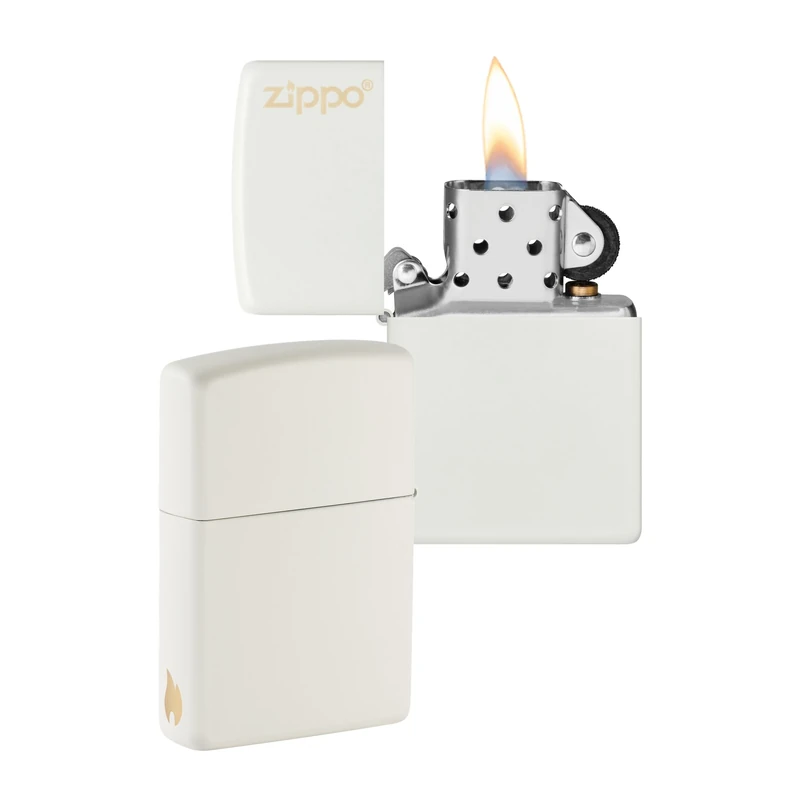 Zippo Windproof Lighter - Logo & Flame Design - White Matte - Refillable - Reusable - Windproof - Gift Box - Metal - Made in USA - Amazon Exclusive