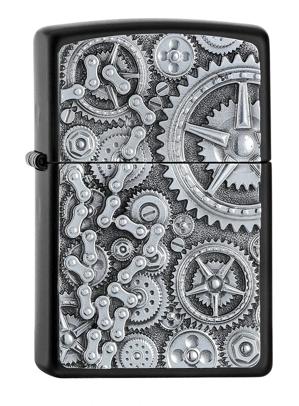 Zippo - Windproof Lighter, 3D Chain and Gear Wheel, Matt Black, Emblem, Refillable, Reusable, Windproof Design, Gift Box, Made in the USA