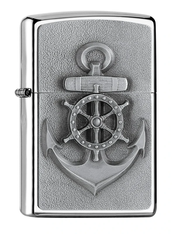 Zippo Windproof Lighter - Anchor Design - High Polish Chrome Finish, Emblem - Refillable - Reusable - Windproof Design - Gift Box - Made in USA
