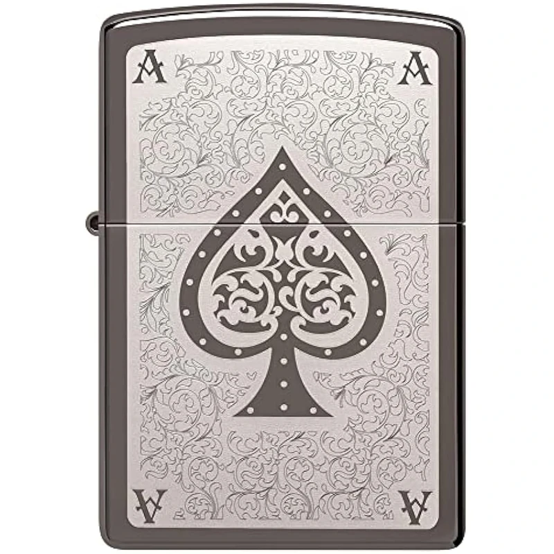 Zippo Windproof Lighter - Model Ace Filigree - Black Ice Finish with Laser Engraving - Refillable - Reusable - Windproof Design - Gift Box - Metal - Made in USA