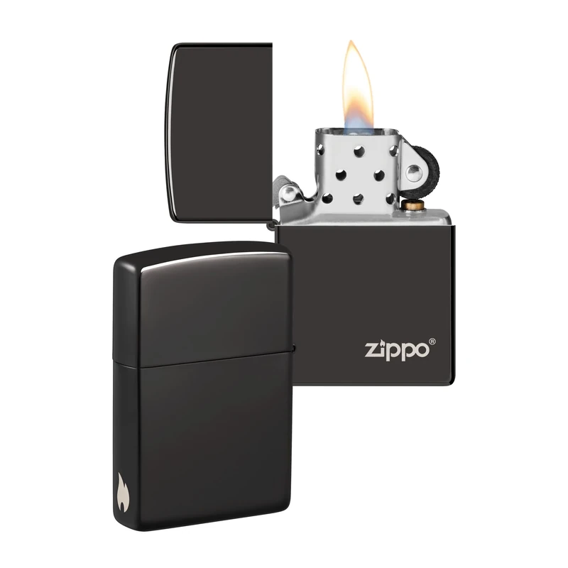 Zippo Windproof Lighter - Logo & Flame Design - High Polish Black - Refillable - Reusable - Windproof - Gift Box - Metal - Made in USA - Amazon Exclusive