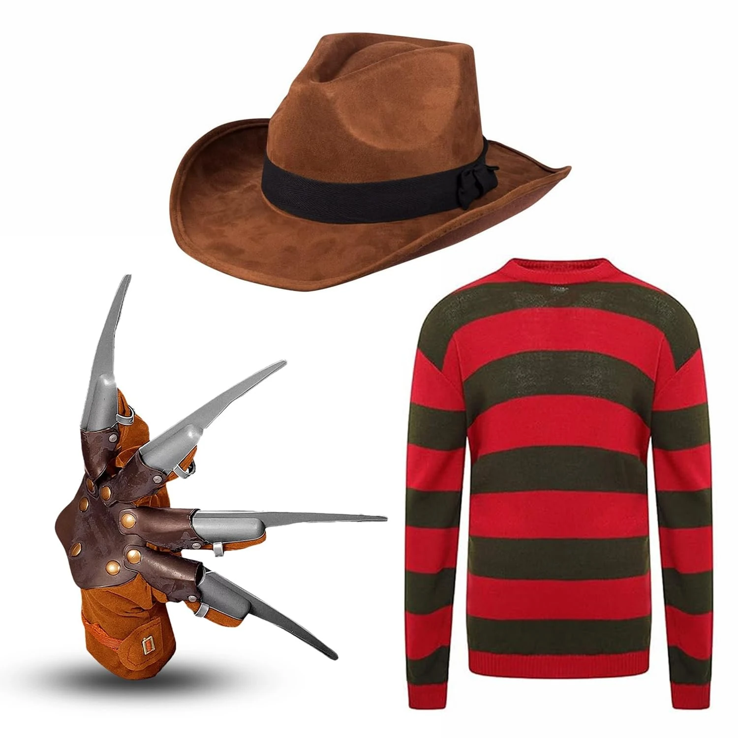 Edozos Men's Halloween Freddy Krueger Costume Hat + Glove Claw + Red/Green Stripes Jumper ~ Nightmare on ELM Street Horror Cosplay Fancy Dress Outfit (L)