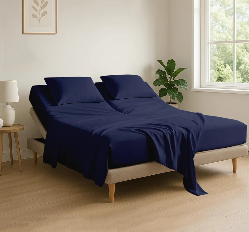 Cottingon 4 Piece Flex Head King Sheet Set, Top 34 Inch Split Sheets for Sleep Number Adjustable Beds, Soft Breathable 100% Egyptian Cotton, Fits Upto 16" Deep Mattress 78"X80"+ 34", Navy Blue