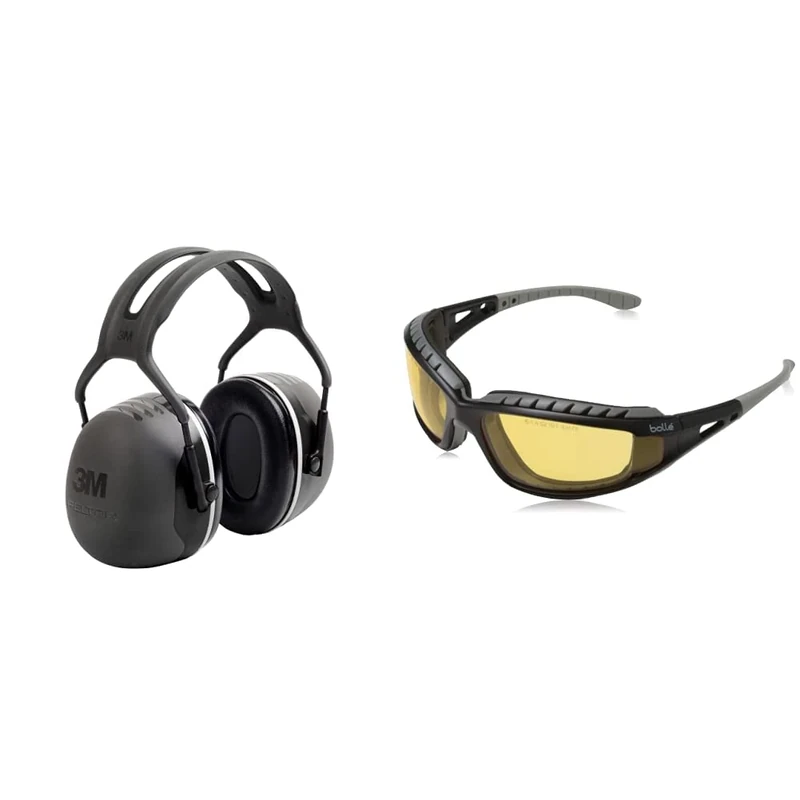 Peltor 3M X5A Ear Defenders with Headband, 37 dB, Black & Bolle TRACPSJ Tracker Glasses Nylon Frame Anti-Scratch and Fog Lens, Black/Yellow