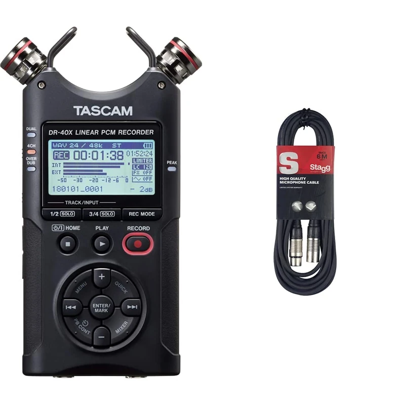 Tascam DR-40X Portable 4-Track Audio Recorder & Stagg SMC6 6 metre standard microphone cable