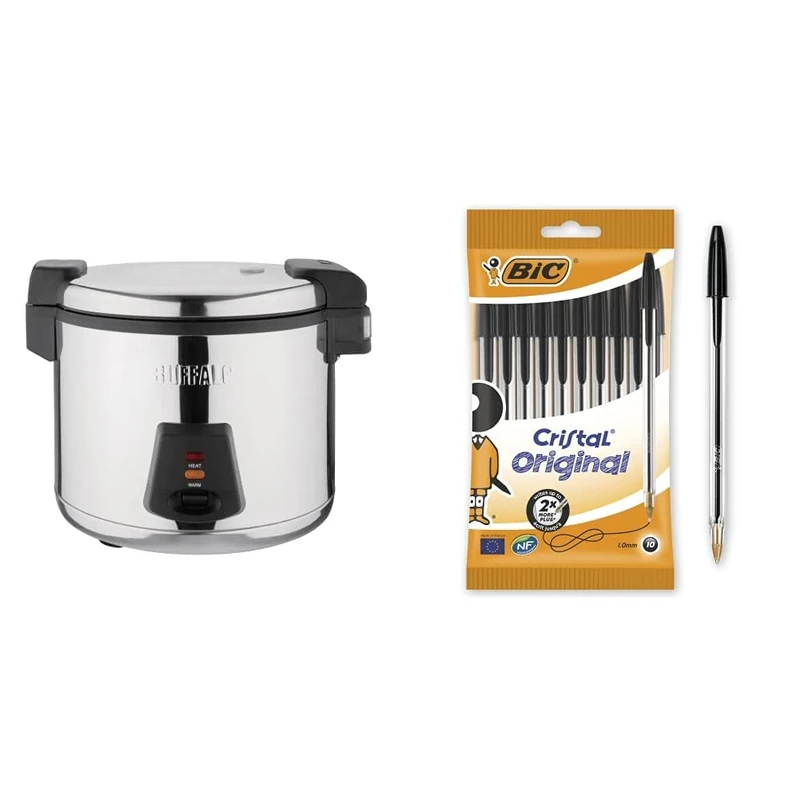Buffalo Electric Rice Cooker 6L 345X460X400mm Pressure Warmer Steamer & Bic Cristal Original Ballpoint Pens, Smudge-free with Medium Point (1.0 mm), Black, Ideal for Office and School, Pack of 10