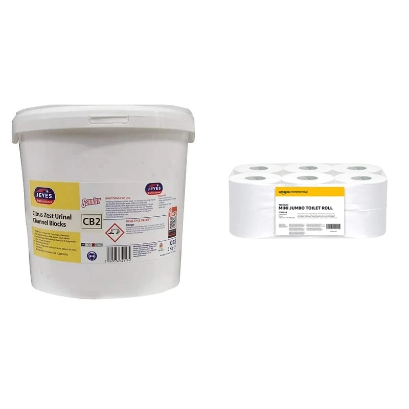 Jeyes JY34117 Sanilav Urinal Channel Blocks, Citrus, 3 kg & AmazonCommercial Mini Jumbo Toilet Roll, 2 PLY - Pack of 12 rolls (557 sheets/roll)