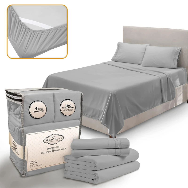 Abeero Home Queen Sheet Set - Luxury Hotel Bed Sheets - Soft Cooling Sheets with Elastic Corner Straps - Deep Pocket Microfiber Bedsheet - Bedding Sheets & Pillowcases -4 PC (Queen Size, Light Gray)
