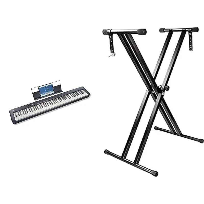 Casio CDP-S110BKC5 Fully Weighted Hammer Action Digital Piano & RockJam RJX29 Double Braced Adjustable Keyboard Stand with Locking Straps, Black
