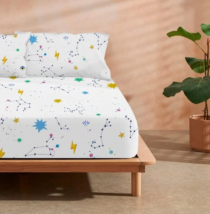 Belum Cosmos Fitted Sheet 100% Cotton for Beds with 150/160 cm, Fitted Sheet 175 Threads