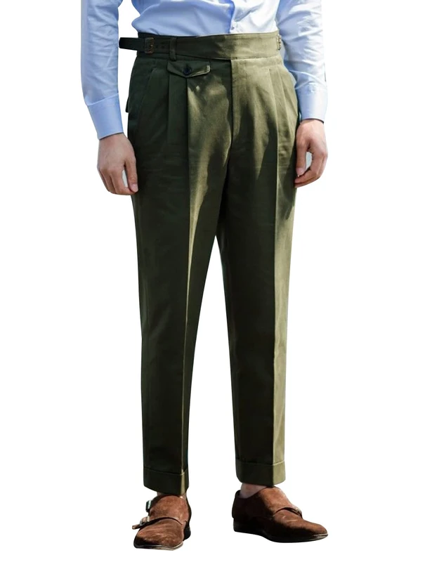 Snoly Men's Spring Fall Retro Cotton Tapered Leg Flat Front Chino Pant Straight Western Gurkha Pants, Army, Medium