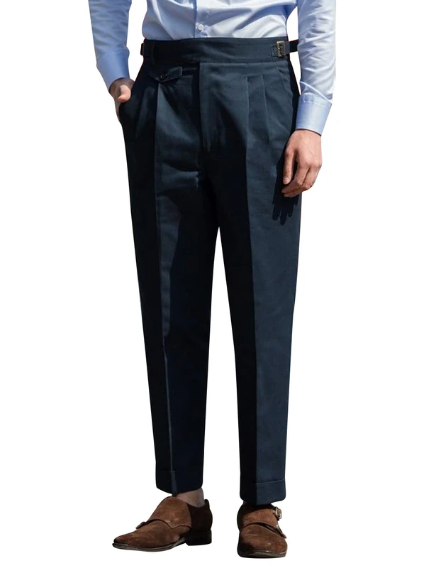 Snoly Men's Spring Fall Retro Cotton Tapered Leg Flat Front Chino Pant Straight Western Gurkha Pants, Navy, Medium - Image 1